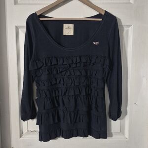 Women's Hollister Navy Ruffle Top Shirt Sz L
